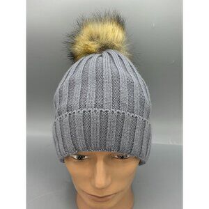 Knitted Gray Beanie Hat With Faux Fur Pom Pom